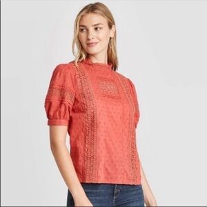 Universal Thread Lace Detail Short Sleeve High Neck Cotton Blouse Top Size XS